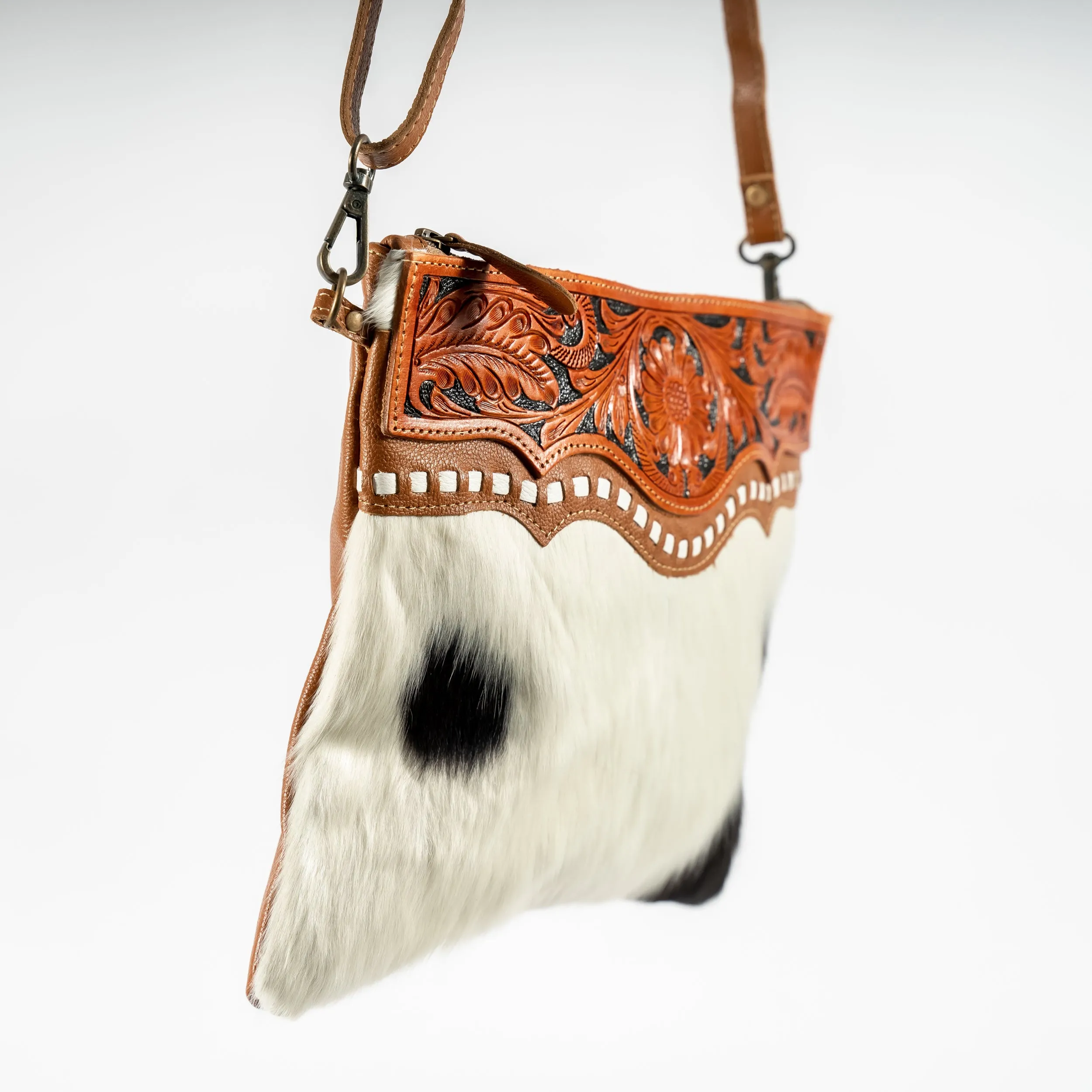 Cowhide and Leather Hand-Tooled Crossbody