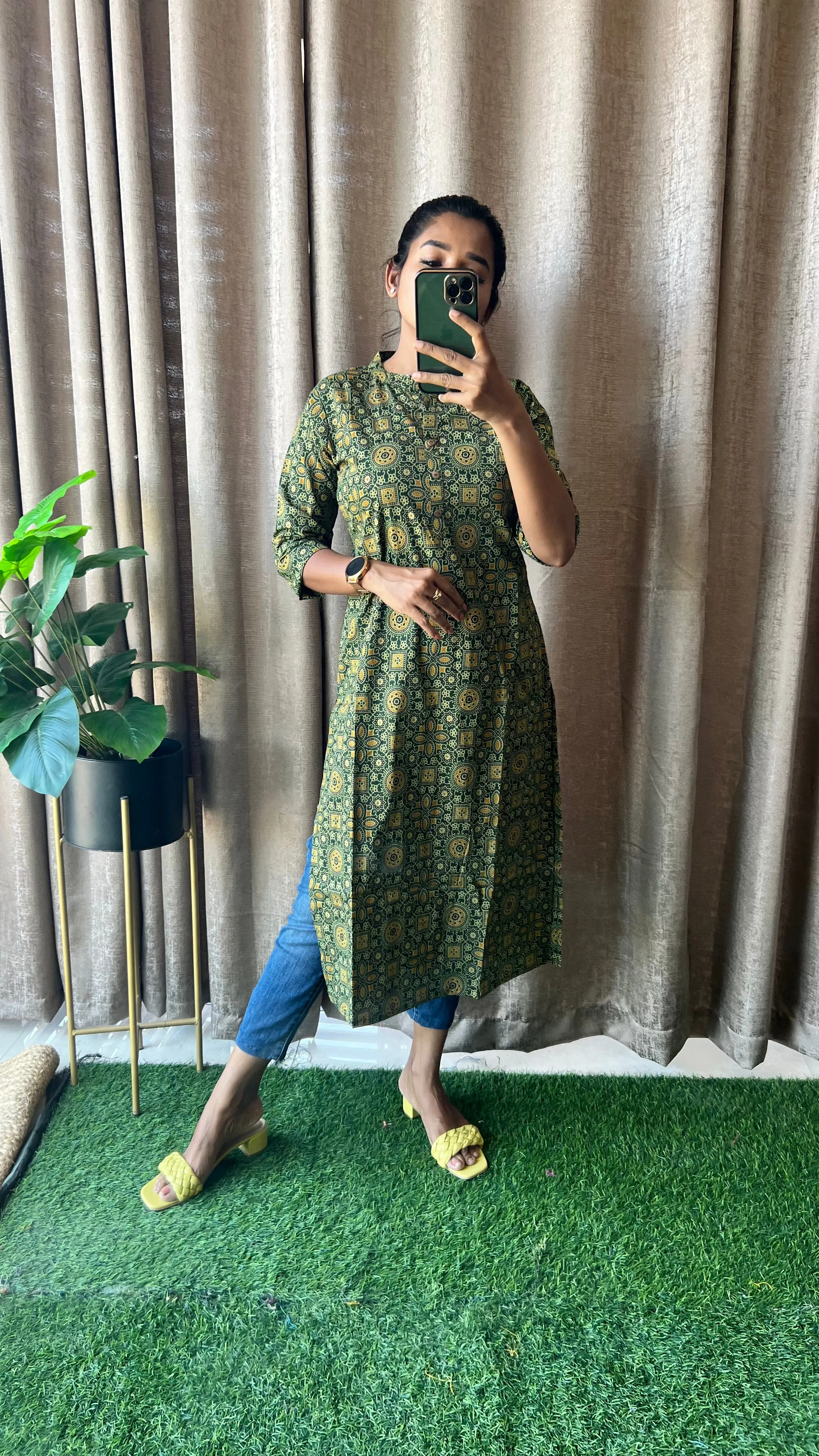 Green ajrak printed silk cotton kurti top
